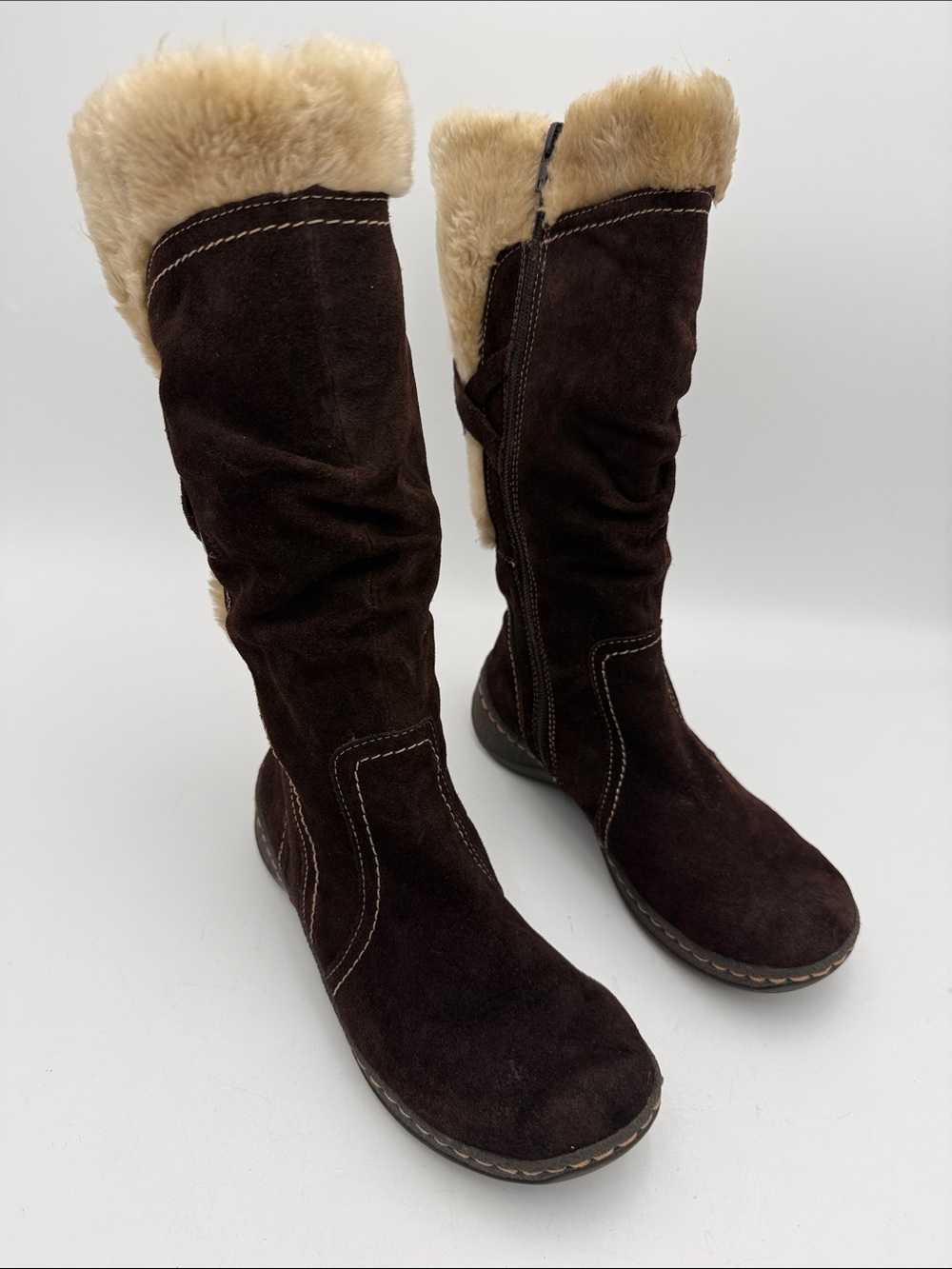 Baretraps Women’s Dark Brown Suede Fur-Trim tall winter Boot 7M fall cozy Y2K